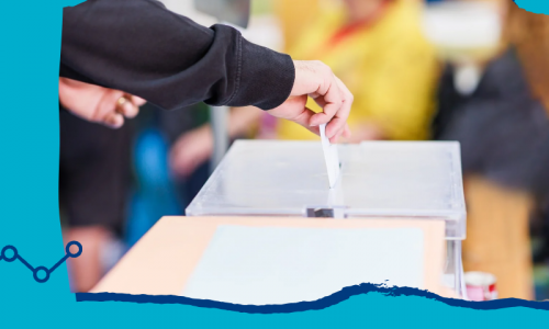 Data Drop graphic with image of man's hand casting a ballot into a box