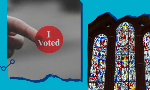Data Drop header image with finger holding "I Voted" sticker and an image of stained glass windowsa