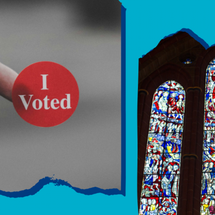 Data Drop header image with finger holding "I Voted" sticker and an image of stained glass windowsa