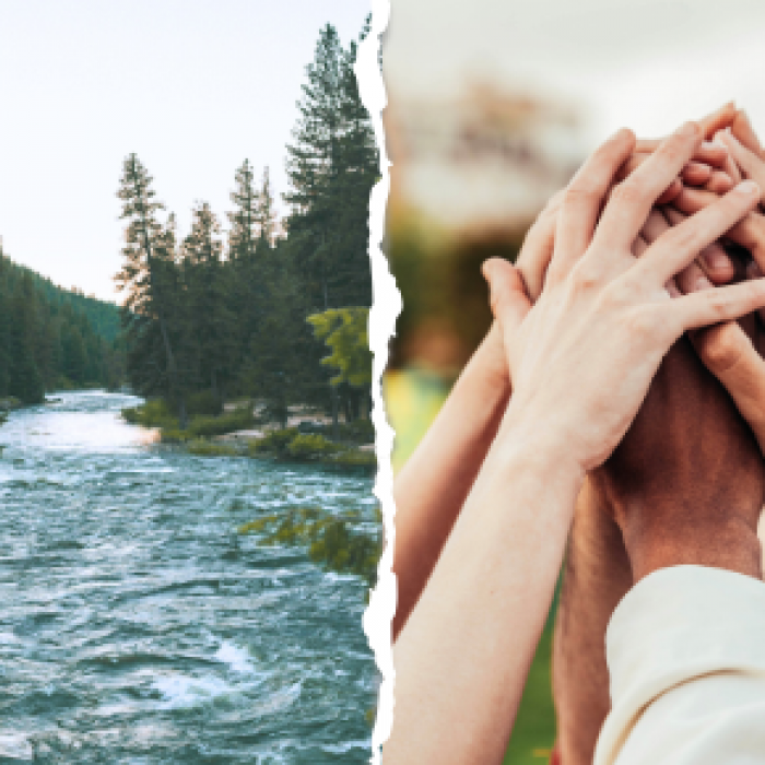 Image of hands raised up together and the Pacific Northwest